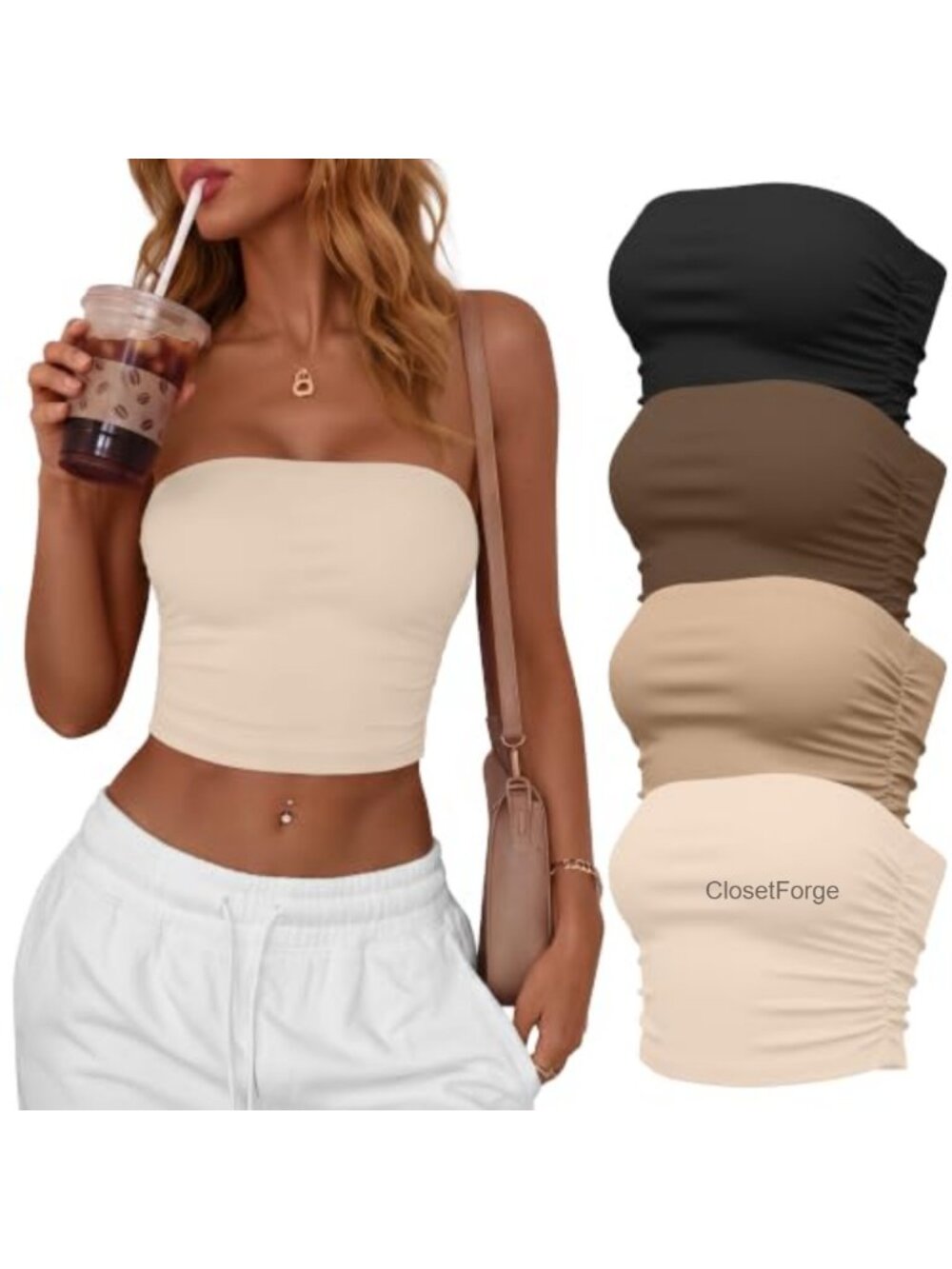Women's Strapless Tube Tops 4 Pack Cropped Ruched Stretch Summer Bandeau